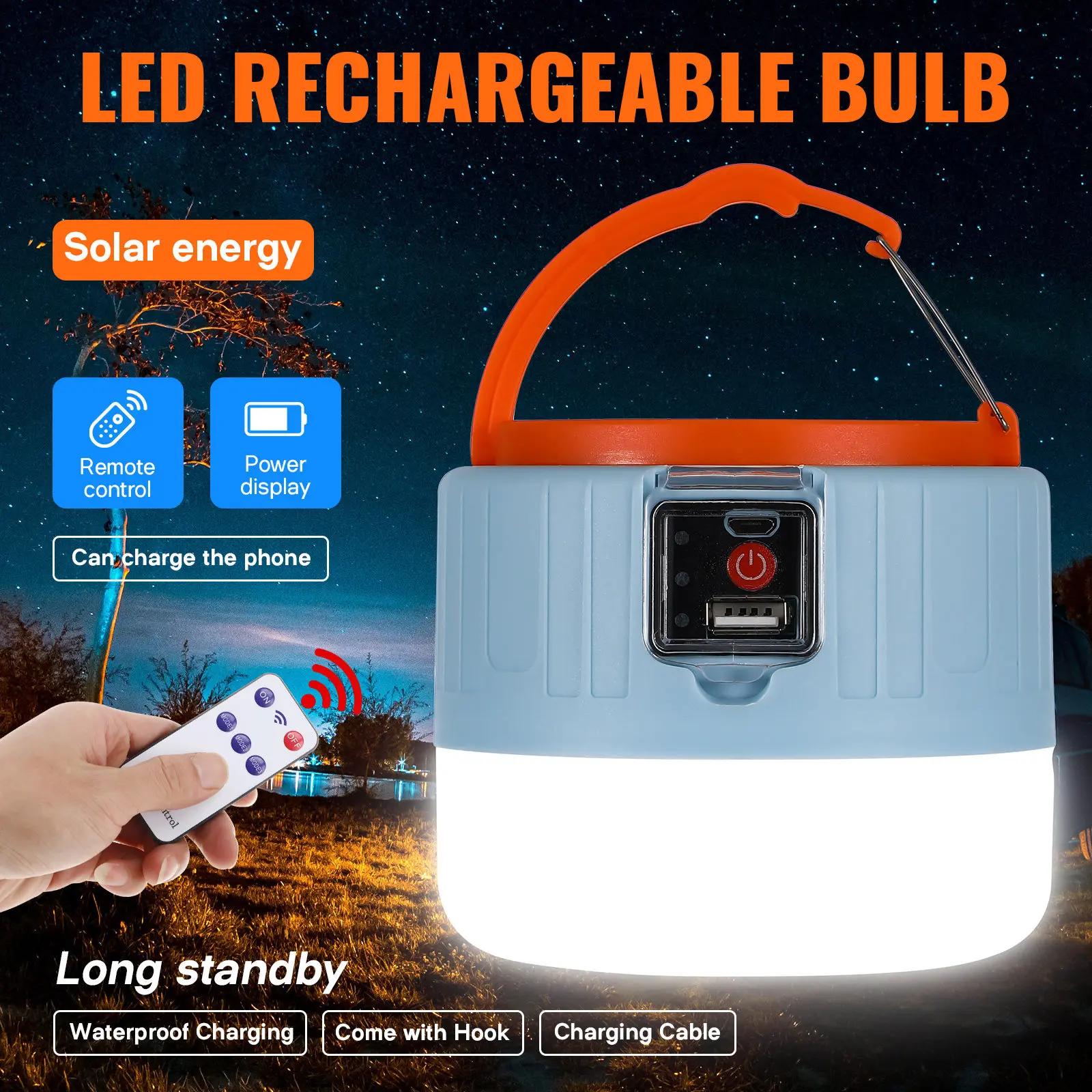 Solar Camping Lantern USB Rechargeable, 3-Mode Dimmable Tent Light with Remote Control for Outdoor Use