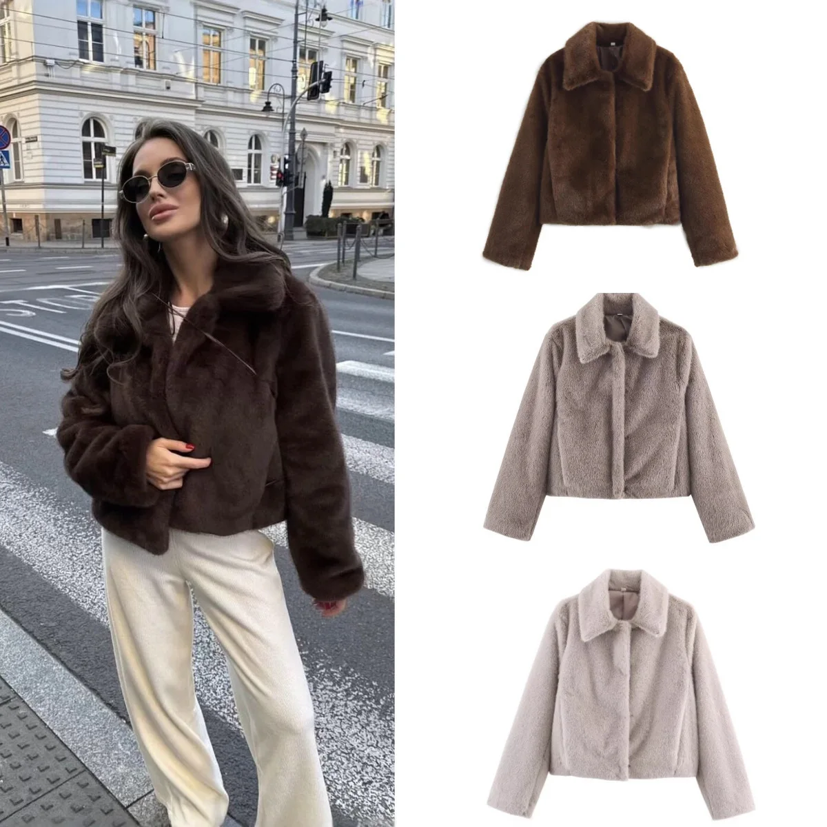 

Women Faux Fur Coat Long Sleeve Winter Jacket Elegant Street Style Solid Polyester Warm Outerwear No Collar