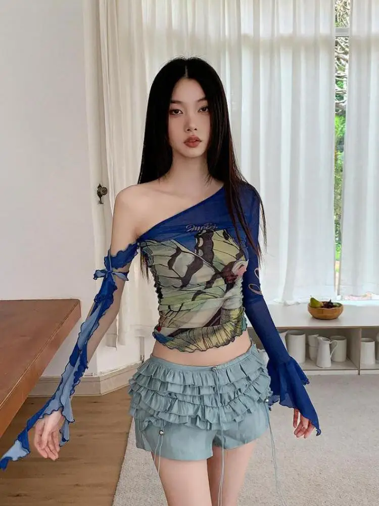 Yedinas Grunge Aesthetics Irregular Mesh Tops Summer 2024 Blue Print T Shirt Women Clothes Hotsweet Slim One Shoulder Y2k Tees