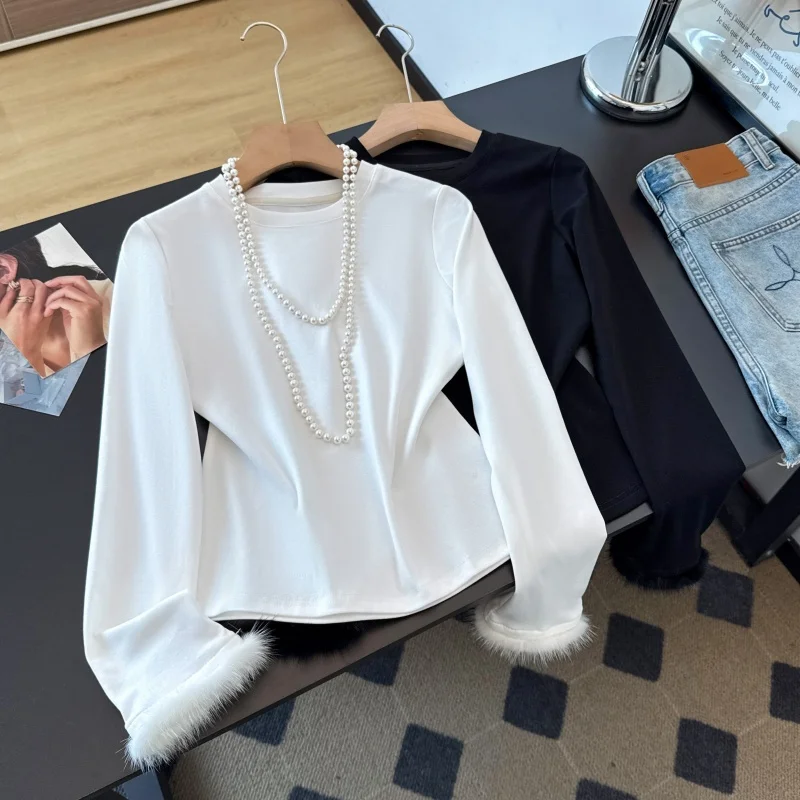 New Chinese Style Long Sleeve Pure Color Furry Sleeve round Neck Base Layer Ladylike Top for Autumn Season Women's Fashion