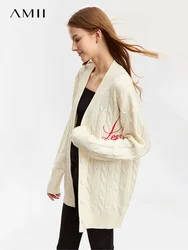 AMII maglione di lana minimalista per le donne 2023 inverno nuovo Cardigan lavorato a maglia con scollo a v piccolo allentato con ricamo a lettera 12344086