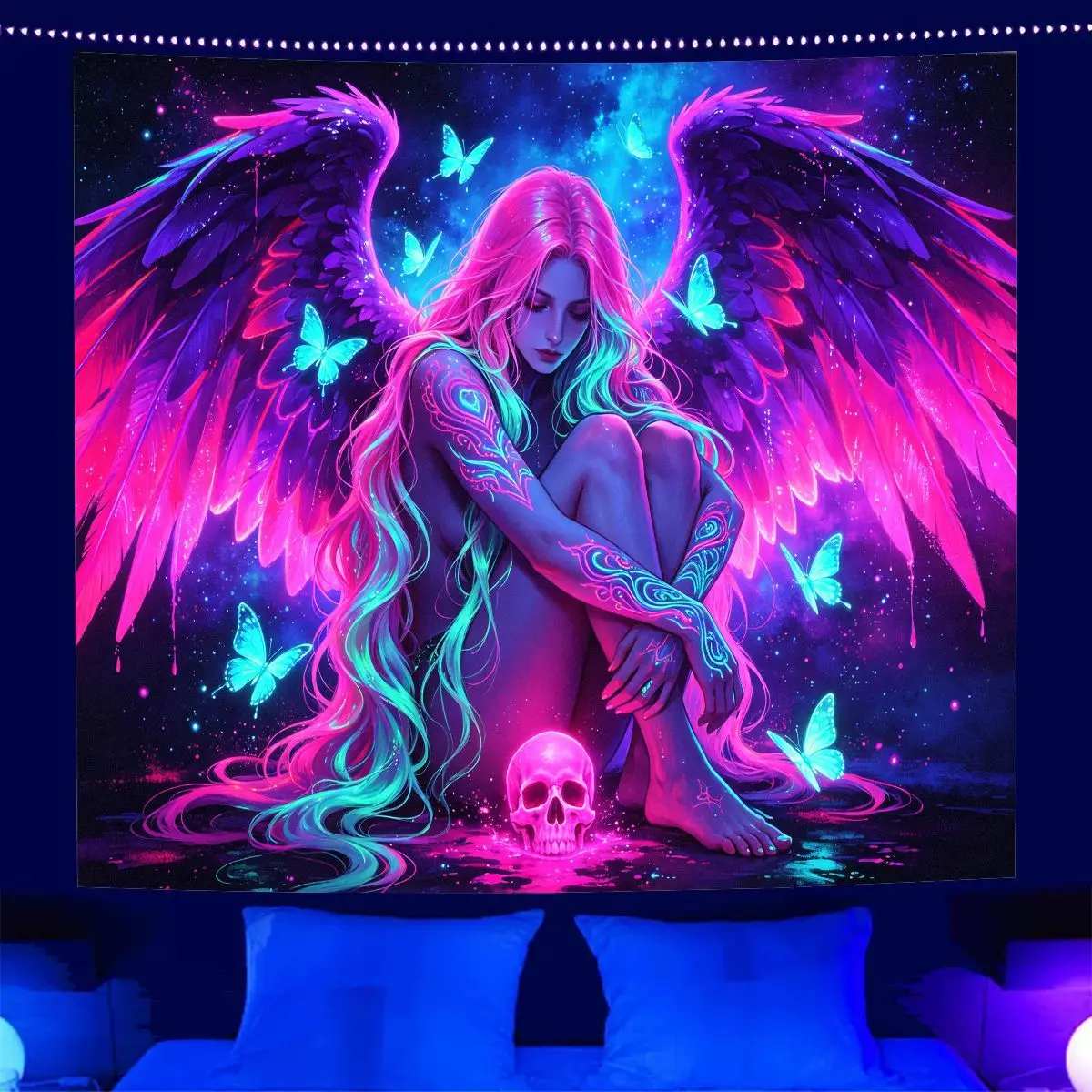 VIKAMA Gothic Angel Woman Tapestry Skull Butterfly Psychedelic Starry Sky Wall Hanging Aesthetic Bedroom Dorm Decor