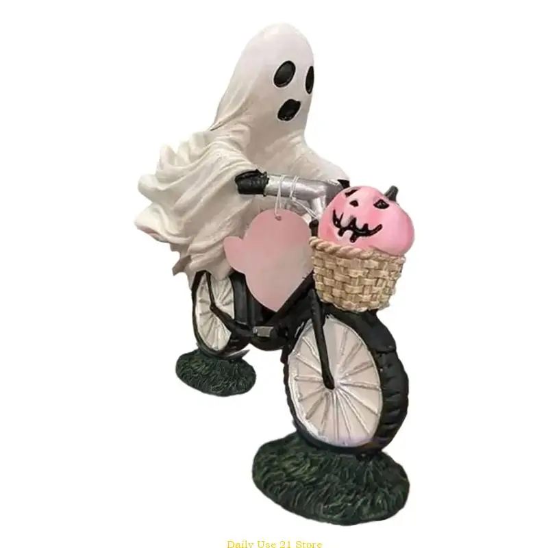 

Halloween Ghostly Bike Riders and Pumpkin Resins Statue Ghostly Bicycles Figurine Sculpture Home Decors Table Ornament