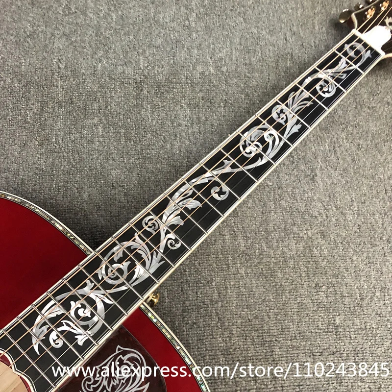 بلوزة من خشب التنوب الصلب، لوحة أصابع من خشب الأبنوس، ربط وترصيع على شكل صدفة أذن البحر الحقيقية، جيتار صوتي أحمر داكن جامبو، جودة عالية #1