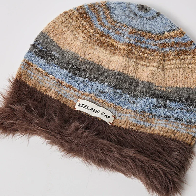 Colorful Plush Women Winter Hat Knitted Warm Baggy Beanie Outdoor Windproof Ladies Girls Ear Protection Cap