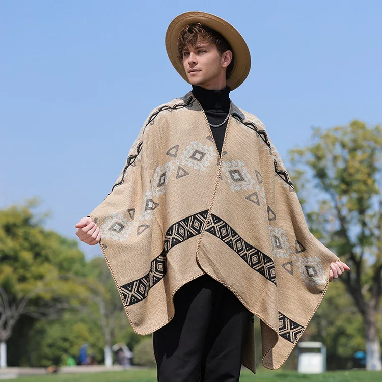 Men's Autumn and Winter Warm and Thick Bohemian Fringe Shawl Photo Cape Cloak Dual-use Scarf Travel Poncho Gift