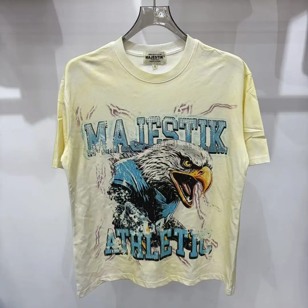 Men's Oversized Eagle Graphic T-shirt Vintage Washed Light Beige Rhinestone Print Streetwear Short Sleeve Cotton Tee