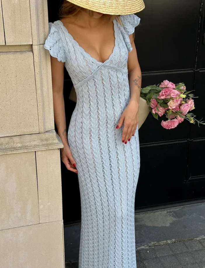 Tossy Ruffled Hollow Out Knit Long Dress Women V-Neck Fashion Patchwork See-Through Beach Holiday Dress Knitwear Female Dress