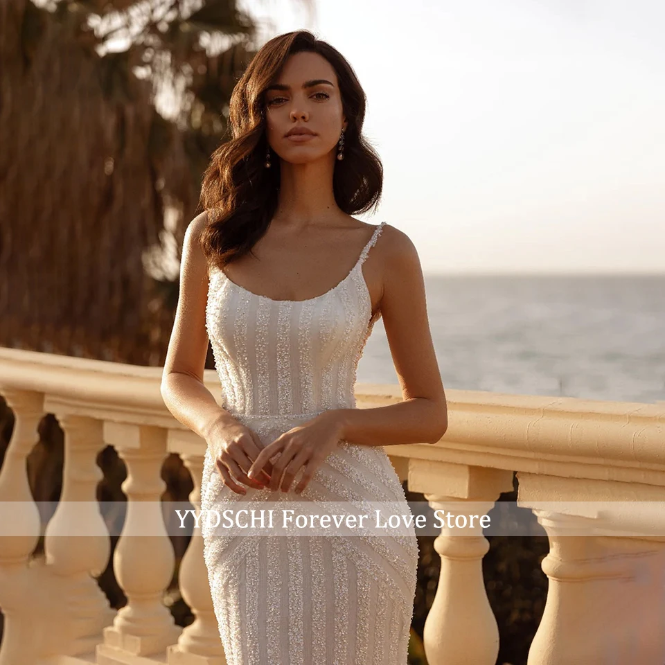 Robe de Mariée Sirène Personnalisée avec Bretelles Spaghetti, Tenue de Plage Moderne à Dos Ouvert, avec Perles, pour Mariage, 2024