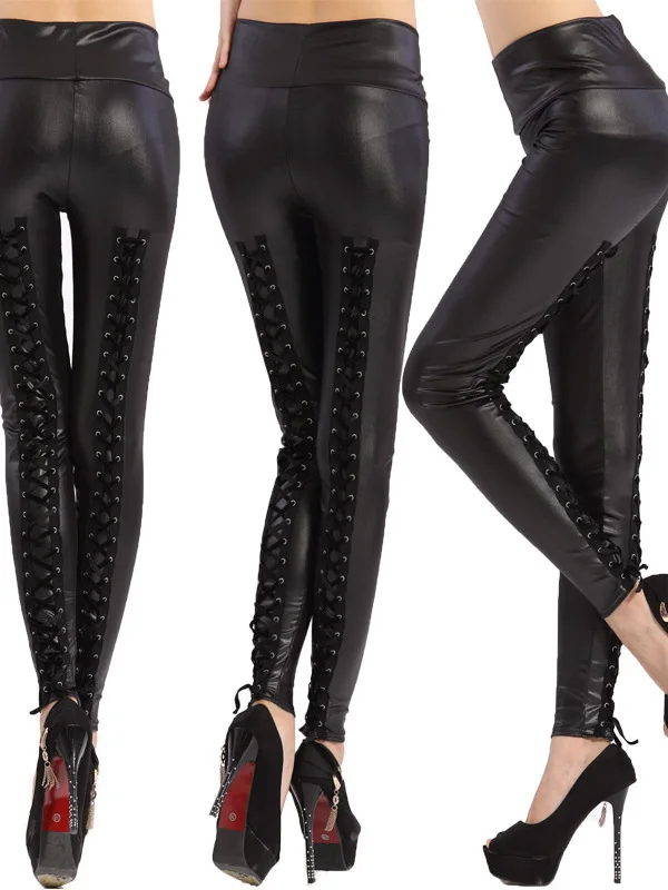 

Sexy Knot Tight Faux Leather Base Pants Women's High Waist Slim Fit Matte Boting Trousers Chinese Production Regular Thi...