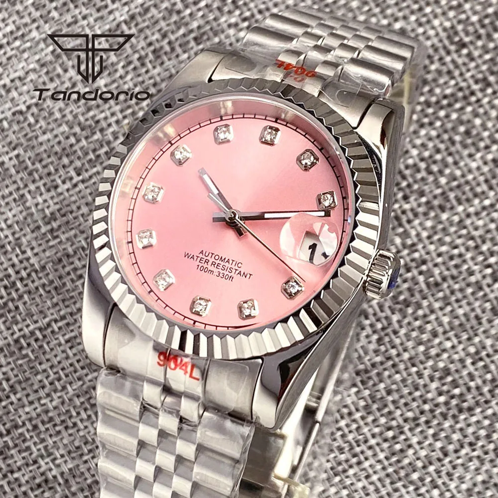 Tandorio NH35A Sapphire Automatic Steel Watch for Lady Men Pink Sunburst Dial Diamond Marks Luminous 36mm/39mm Wristwatch Date