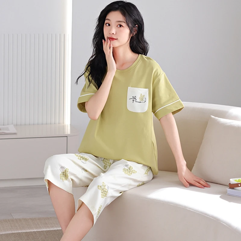 2024 Summer 100% Cotton Cute Short Sleeve Knee Length Pajama Sets for Women Korean Loose Sleepwear Pyjama Homewear Home Clothes