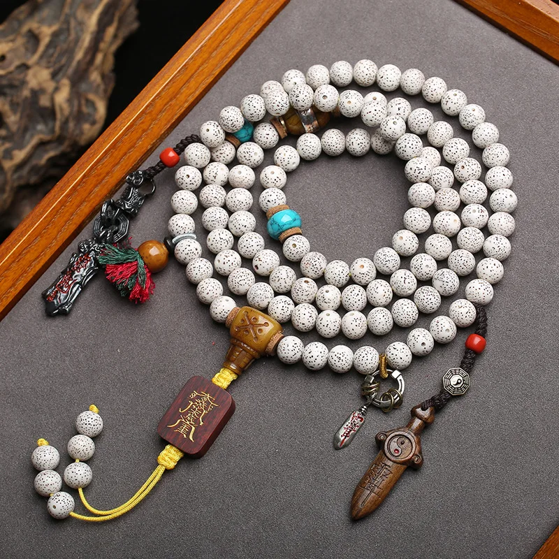 108-bead Tibetan-style Buddhist prayer beads made from natural star-and-moon bodhi seeds with a neck strap and three-way