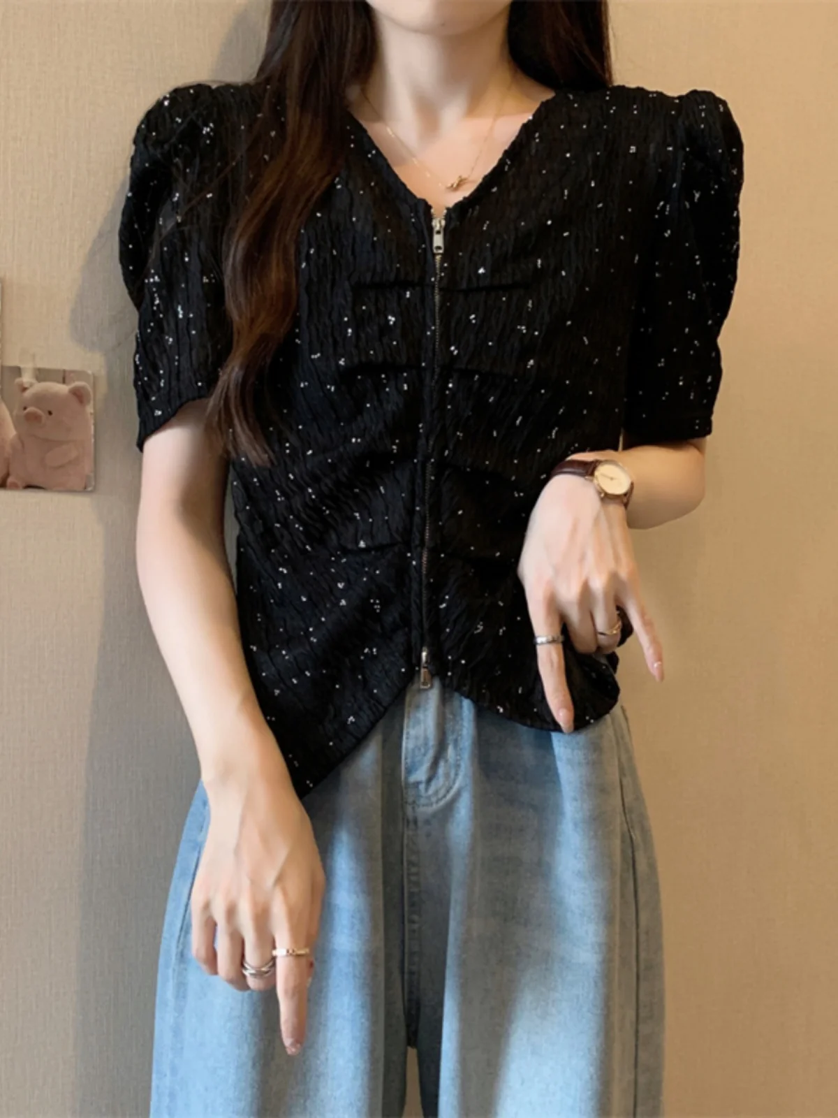 

Elegant Short Sleeve V-Neck Shirt Women's Summer plus Size Slimming Short Double Zipper Top Stylish Beautiful Little Shirt