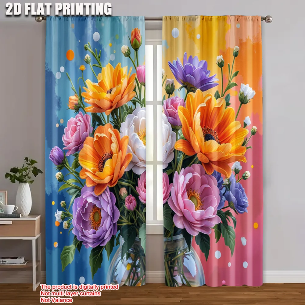 

2pc, Curtains many flowers Durable 100% Polyester Fabric,Without Electricity Wall Decor Use for Home & Party Decoration
