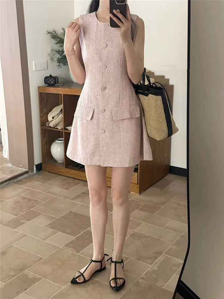 Col rond Style Simple solide abricot gris rose une ligne Mini robe nouvel été femmes simple poitrine sans manches décontracté robe courte débardeur