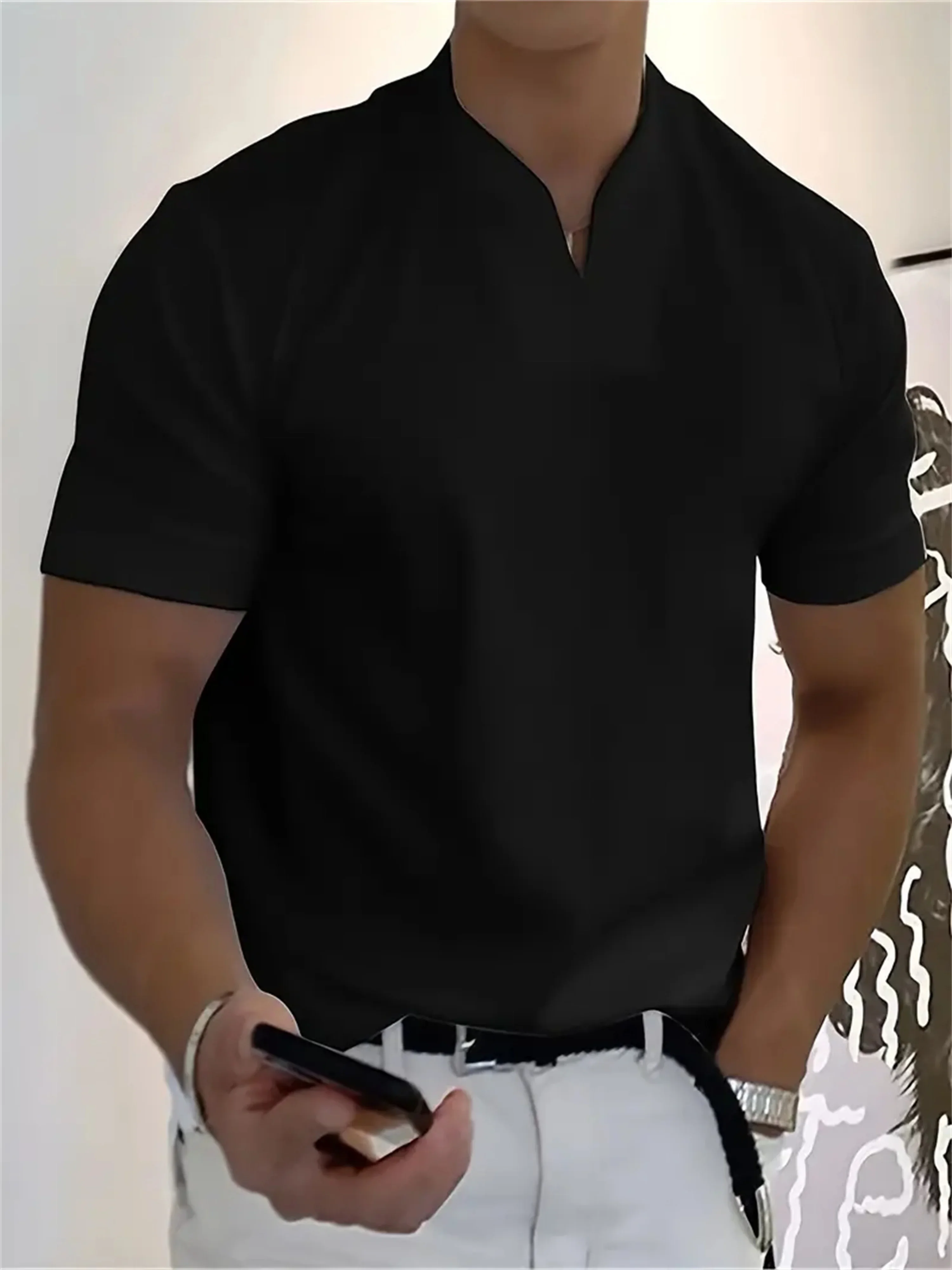 2026 New Men's Printed Cotton Short Sleeve V-Neck Polo Shirt, Summer Fashion, Casual Business Multifunctional Top