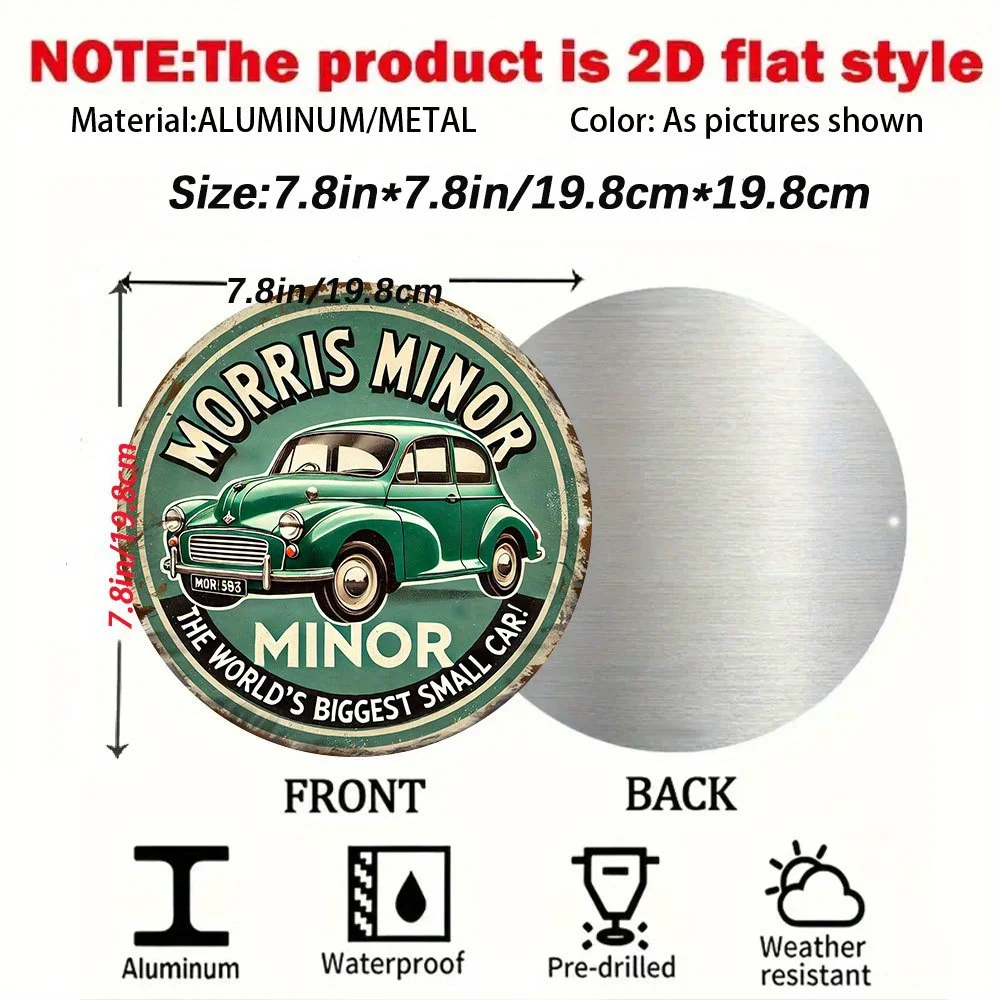 Vintage Morris Minor The World's Biggest Small Car Round Tin Sign, Retro Green Classic Morris Minor Car Metal Wall Art, Rustic G