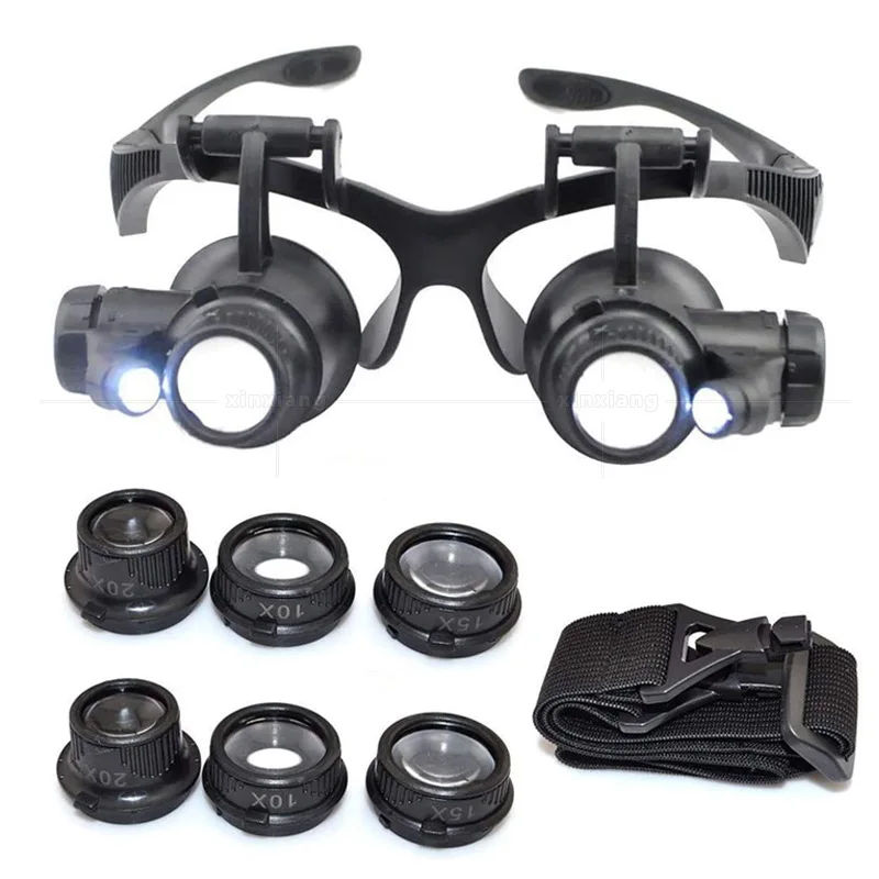 

Magnifying Glasses with Led Lights Lamp 10X 15X 20X 25X Interchangeable Lens Clock Detection Head Mounted Magnifying Glass