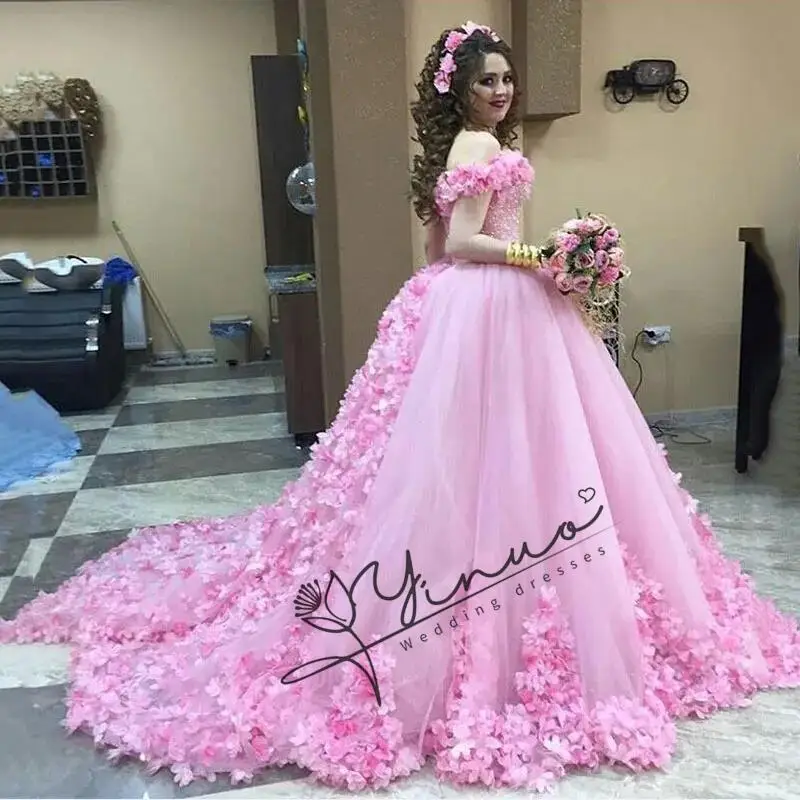 

customized Dresses Ball Gown Off Shoulder 3D Rose Flowers Puffy Pink Sweet 16 Dress Celebrity Party Gowns Graduation2025