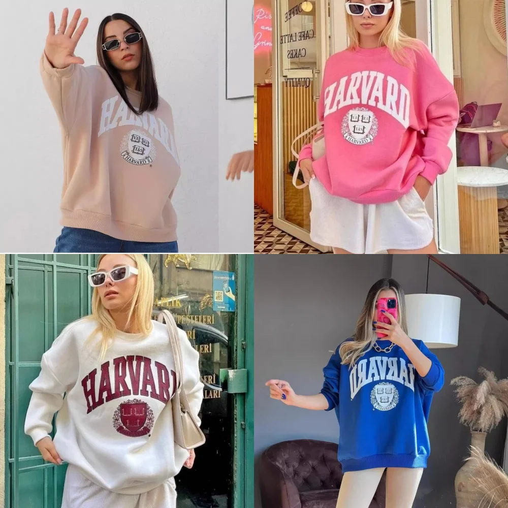 Women Crew Neck Sweatshirt Ladies Harvard Letter Graphic Print Oversized Sweatshirt Crewneck Preppy Cute Loose Jumper Pullover