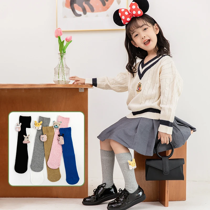 Cute Children Solid Color Long Socks With Cartoon Small Animal Decor On Sock Cuff Soft Elastic Breathable Skin-Friendly Hosiery