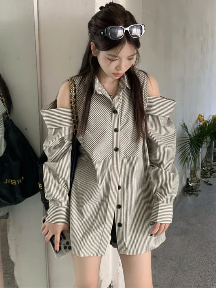 Women Shirts Off-shoulder Retro Striped Y2k Loose Blusas Casual Chic Soft Autumn Office Ladies Streetwear Korean Fashion Clothes