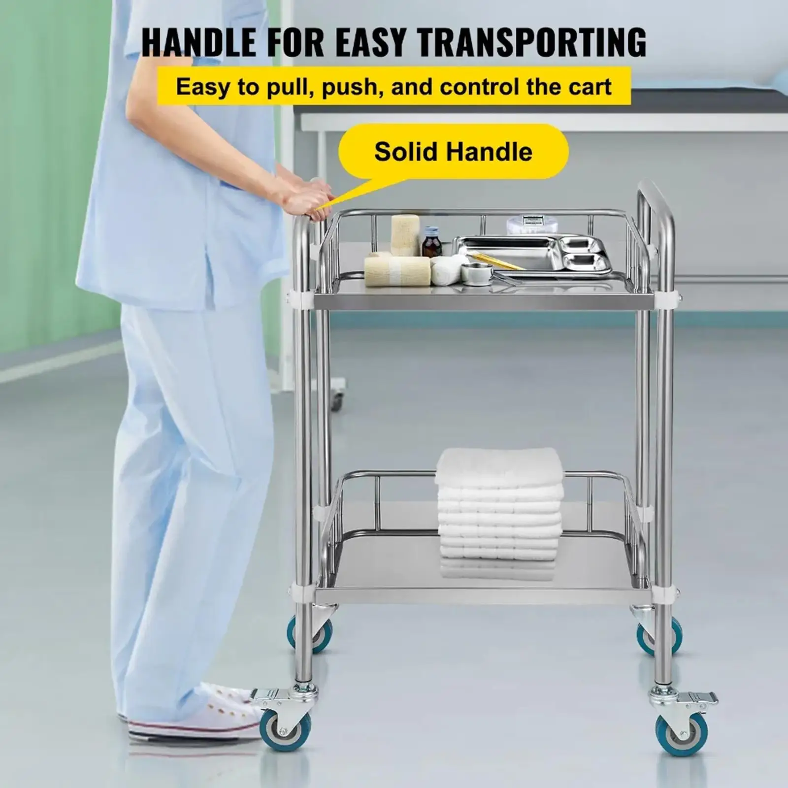 Stainless Steel Rolling Cart Utility Cart Salon Trolley Medical Treatment Cart Three-Layer Instrument Trolley for Lab Equipment