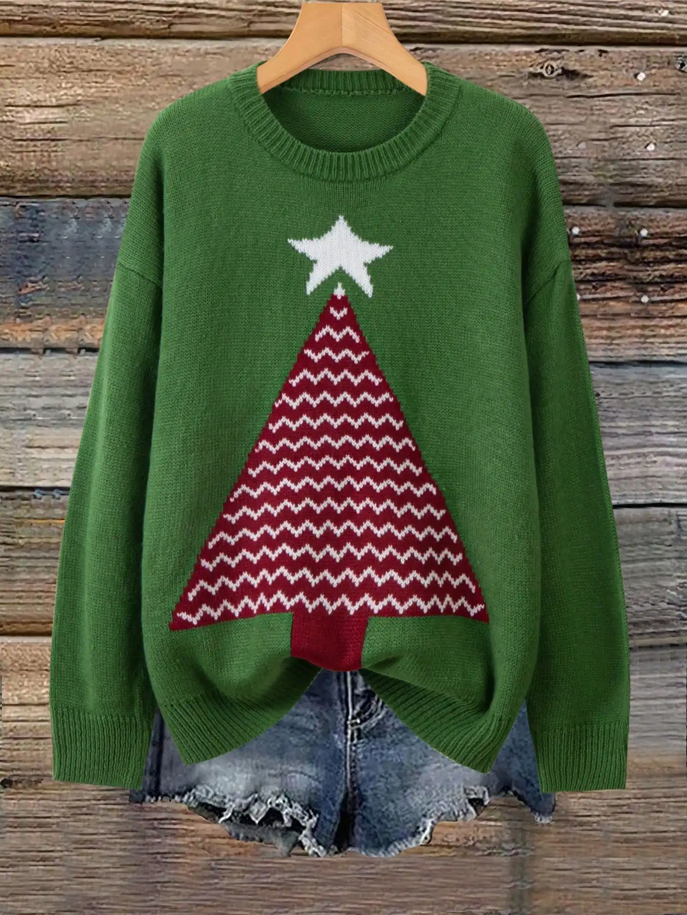 

Women's Christmas Tree Jacquard Knit Sweater, Crew Neck, Green, Casual Winter Pullover