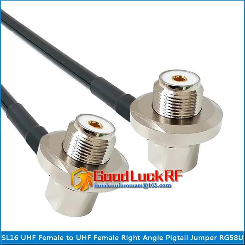 

Dual SL16 UHF Female O-ring bulkhead to UHF Female Washer Nut Right Angle Connector Pigtail Jumper RG-58 RG58 cable PL259 SO239