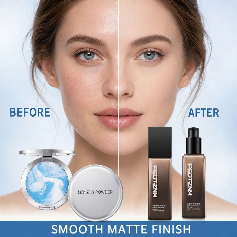 2PCS Liquid Foundation & Pressed Setting Powder Makeup Set, Full Coverage Oil Control, Long Lasting Waterproof, Soft Matte Pore Blurring, Lightweight Buildable Smooth Flawless Finish, Concealing Face Base Cosmetics for Women Daily Makeup 2 Shades Availabl