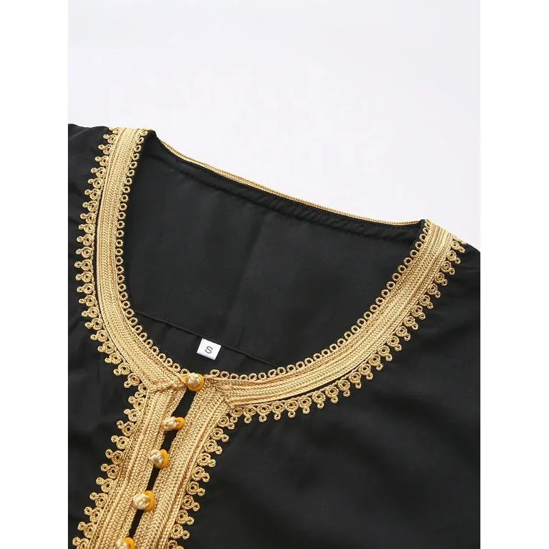 2026 New Style Muslim Men's Long-sleeved, Button-up, Embroidered and Pieced Moroccan Elegant Robe Islamic Traditional Clothing