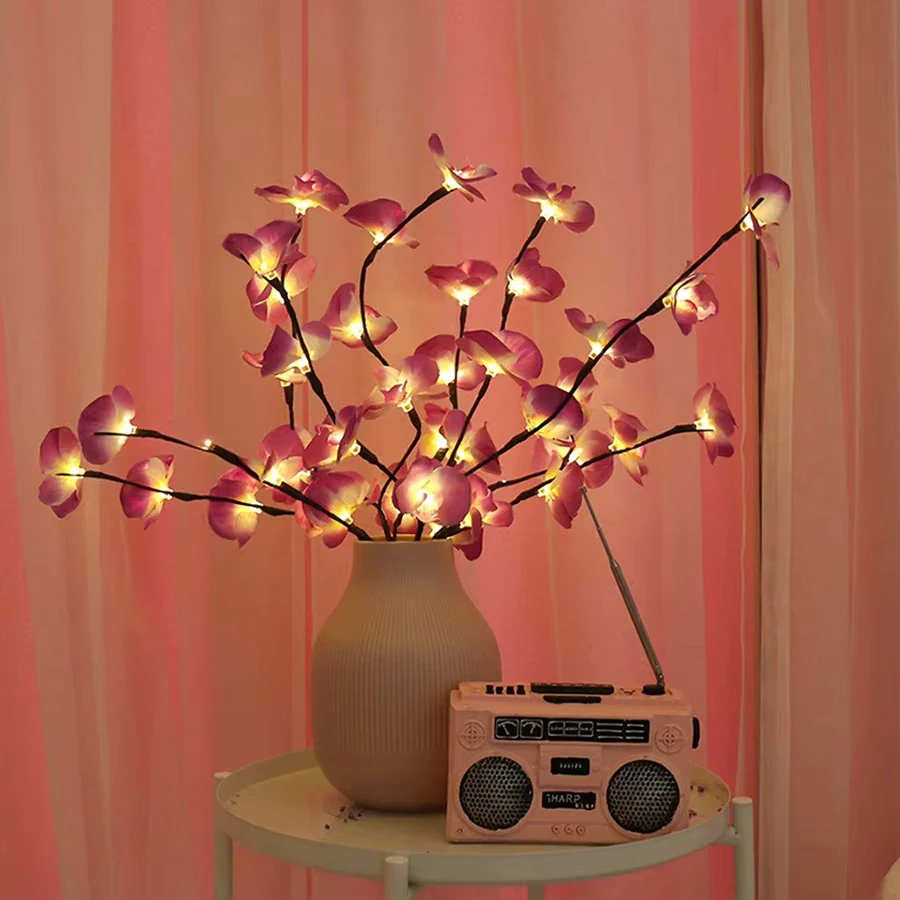 2PCS Orchid Fake Flower Bouquet 73cm Flowers Branches Lights Artificial Decorative Lights Flower Shape Light DIY Floral Decors