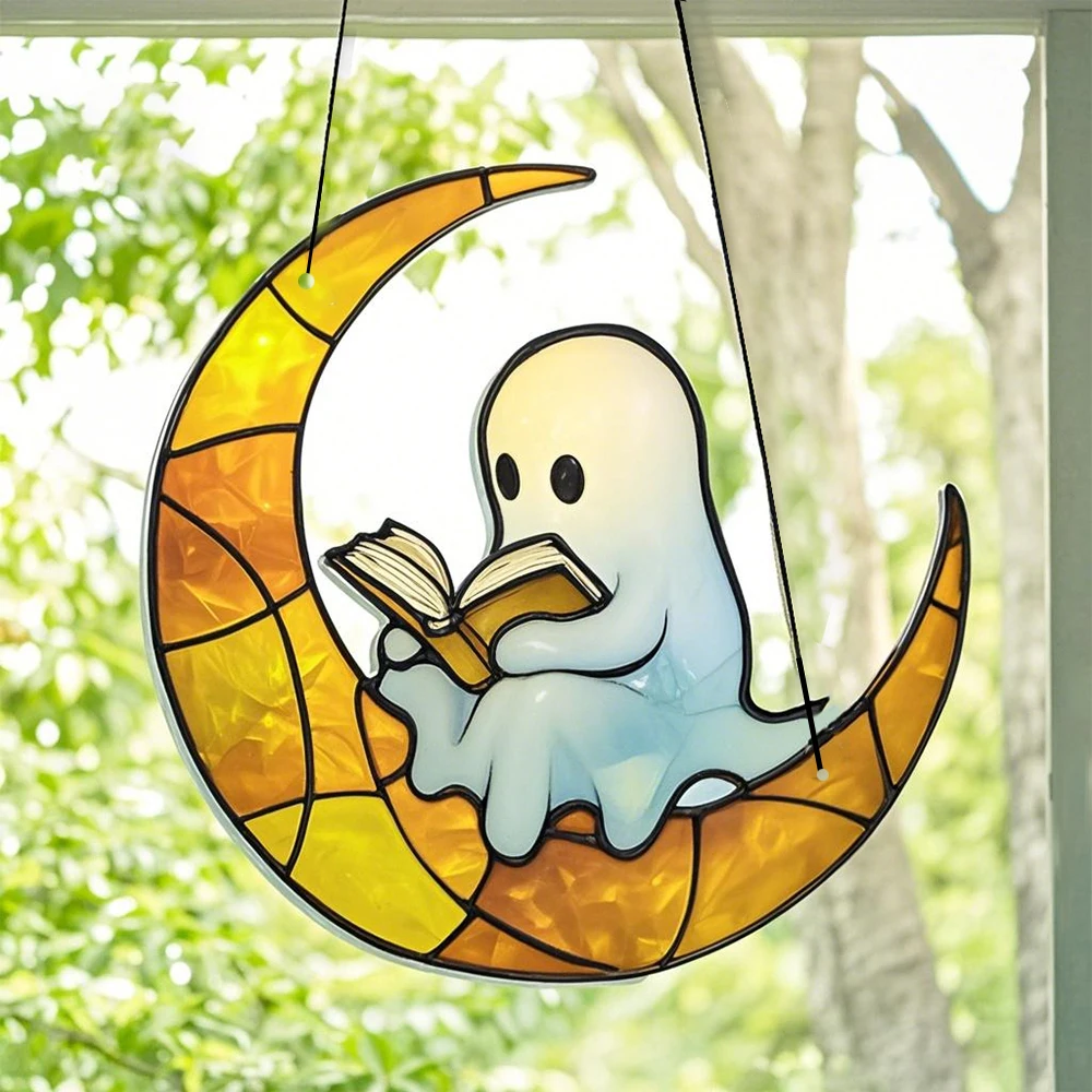 Niedliche Geister-Hängeornamente, Acryl-Geist-Lesung auf Halbmond-Dekor, Sonnenfänger, Fensterdekoration für Zuhause und Halloween-Party