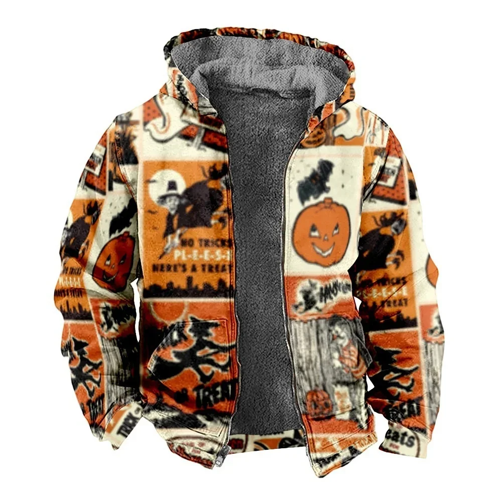 

Halloween Printed Long Sleeve Zip Hoodie Cotton Padded Winter Trendy Sweatshirt Warm Outerwear Fashion Streetwear For Men Women