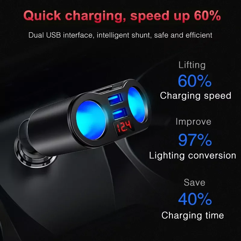 5V 2.4A Car Cigarette Lighter USB Splitter Plug Converter For Phone MP3 DVR Dual USB Socket Power Adapter with Voltage Monitor