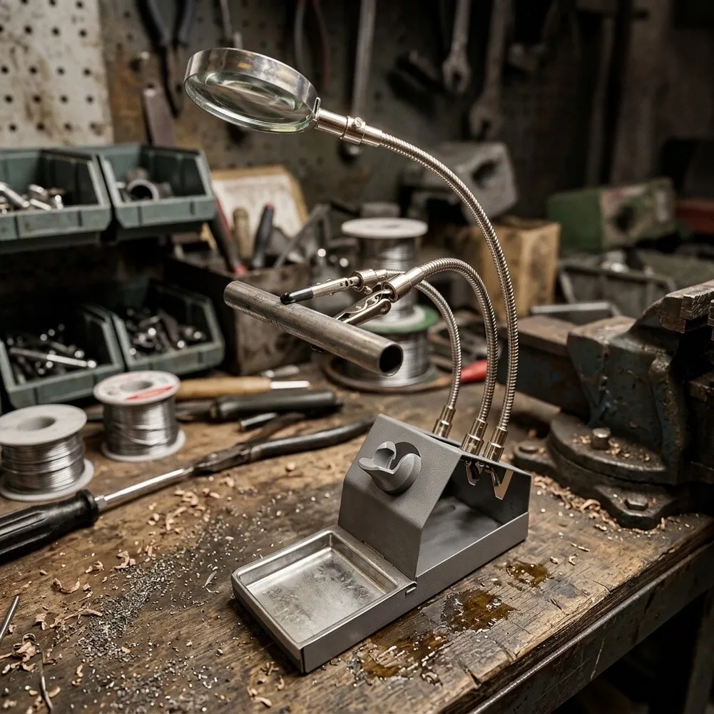 Professional-Grade Soldering Stand with Magnifying Lens and Dual Crocodile Clips for Controlled Soldering on Dense PCB Layouts