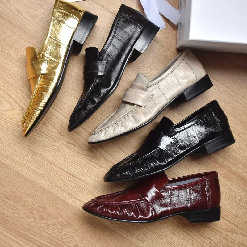 Top Version Eel Leather Retro Minimalist Flat Loafers Women Shoes