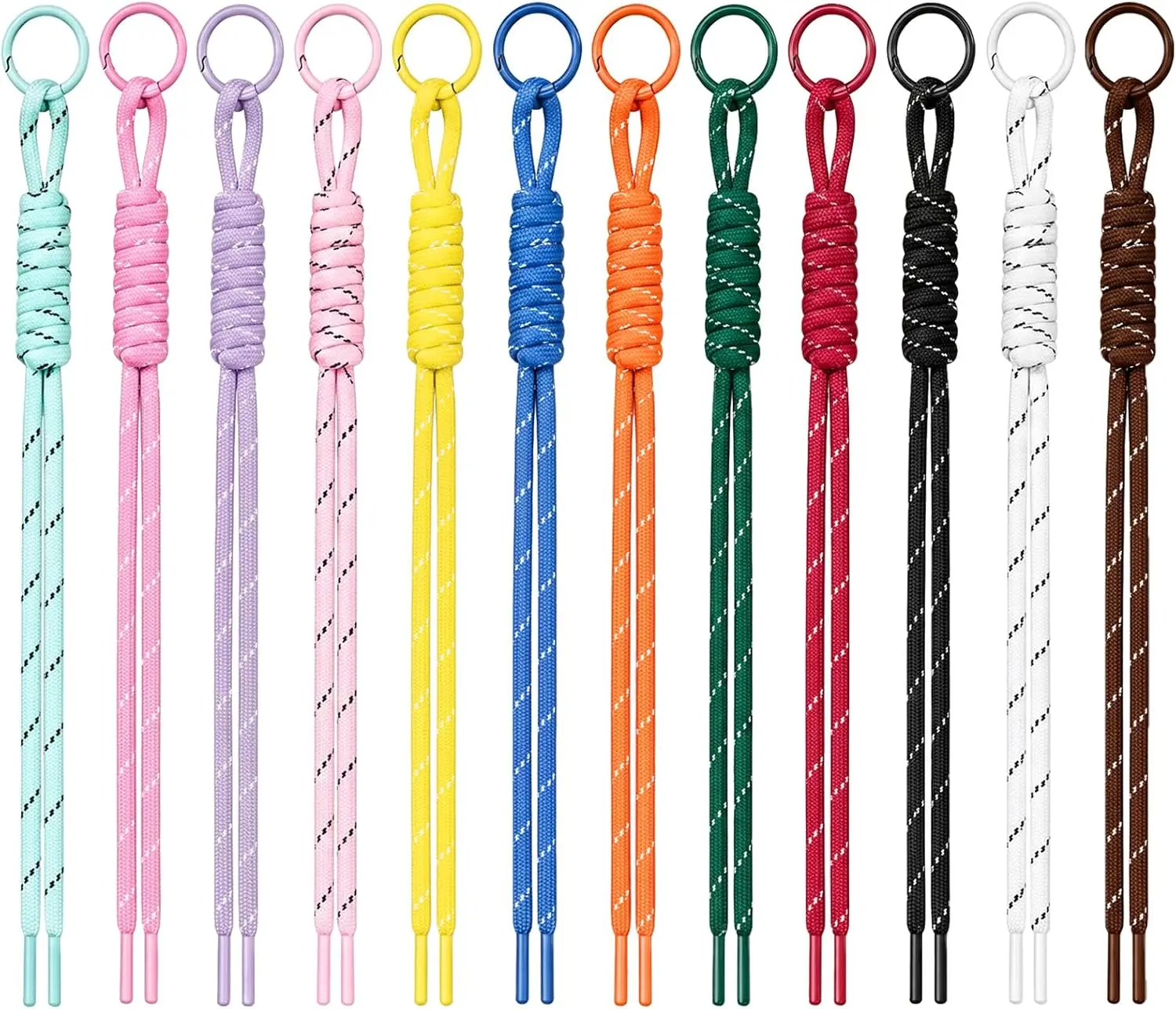 12PCS Paracord Keychain Kit, Paracord Bag Charm, Nylon Cords with Rings