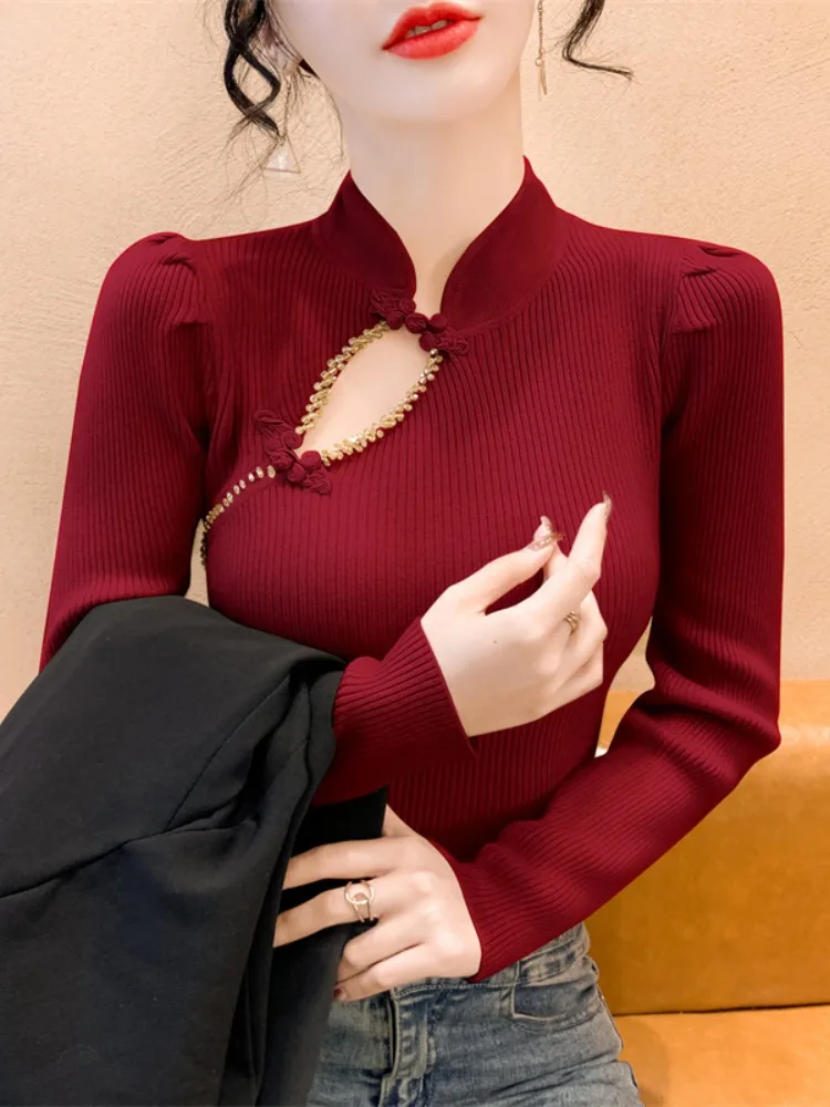

Новый китайский вязаный свитер для женщин, осенне-зимний, красный, плотный, с вырезами, на пуговицах, в национальном стиле