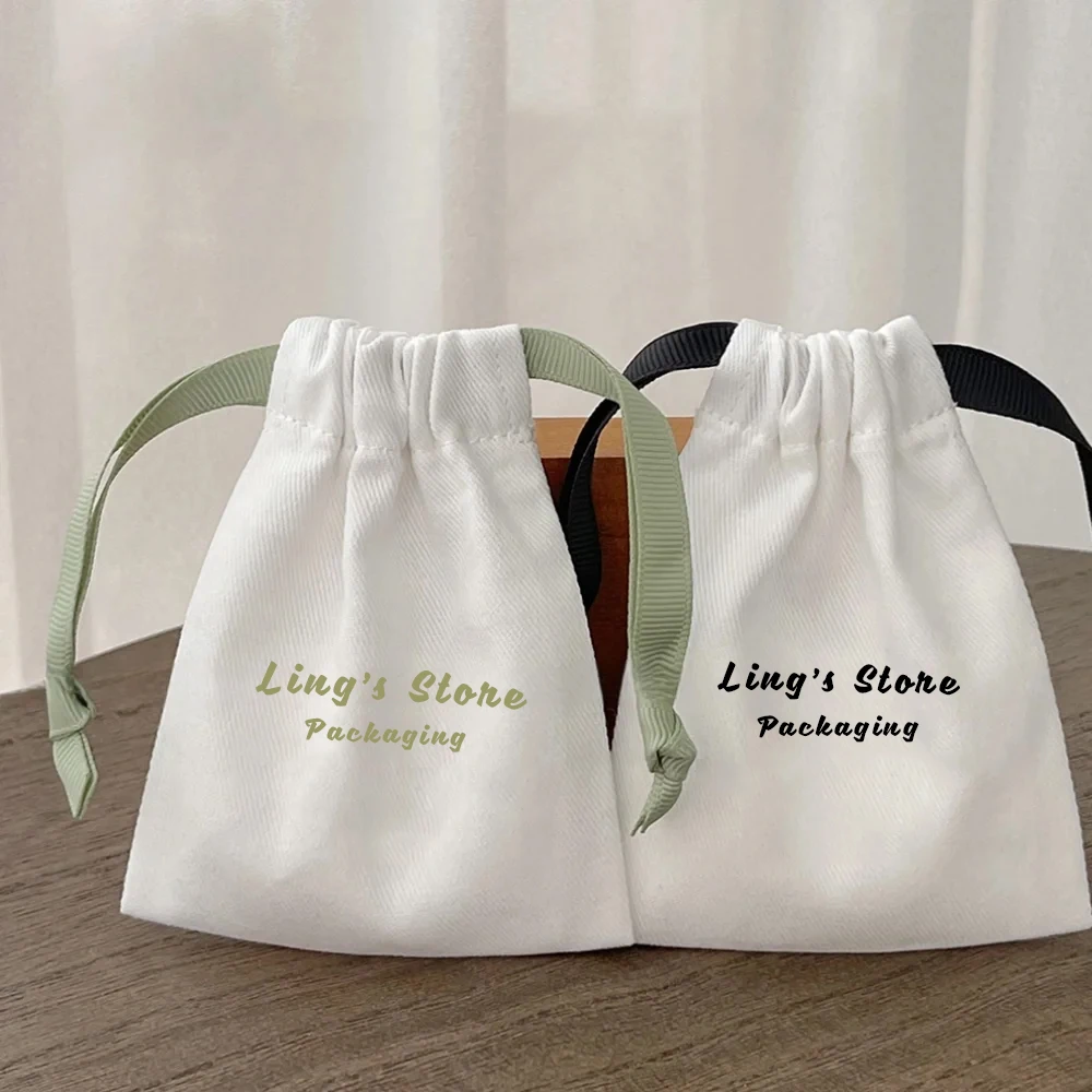 

Personalized Logo White Thick Cotton Jewelry Bag Custom Gift Drawstring Ribbon Bowknot Pouche Wedding Favors Guests Party Pocket