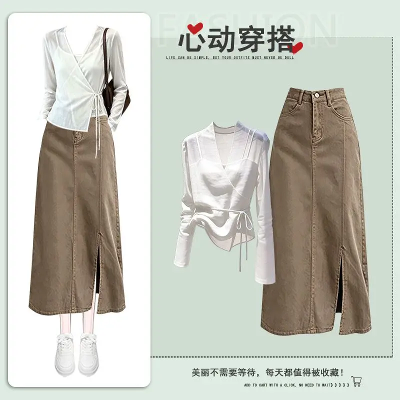 Women's Summer New Fashion Long Sleeved Shirt+Vest+Sexy Denim Skirt 3-piece Suit Korean Version Elegant Retro Dress Matching Set