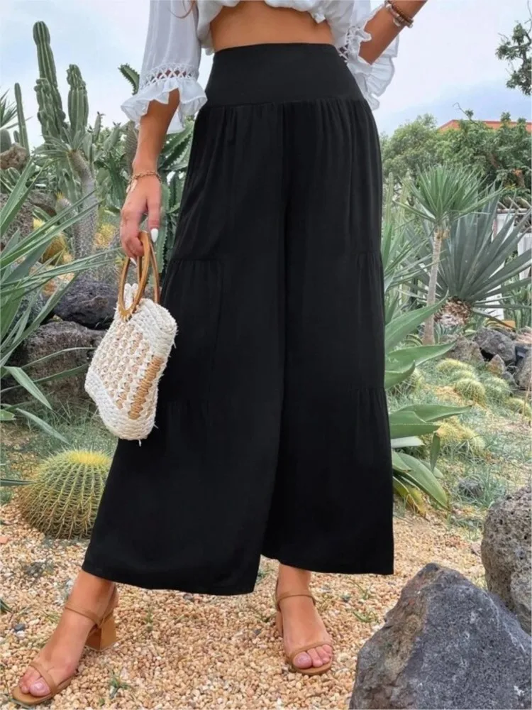 Fashion Solid Loose Long Pants Lady Casual High Waist Wide Leg Pants For Women Elegant Office Holiday Womens Clothing Summer New