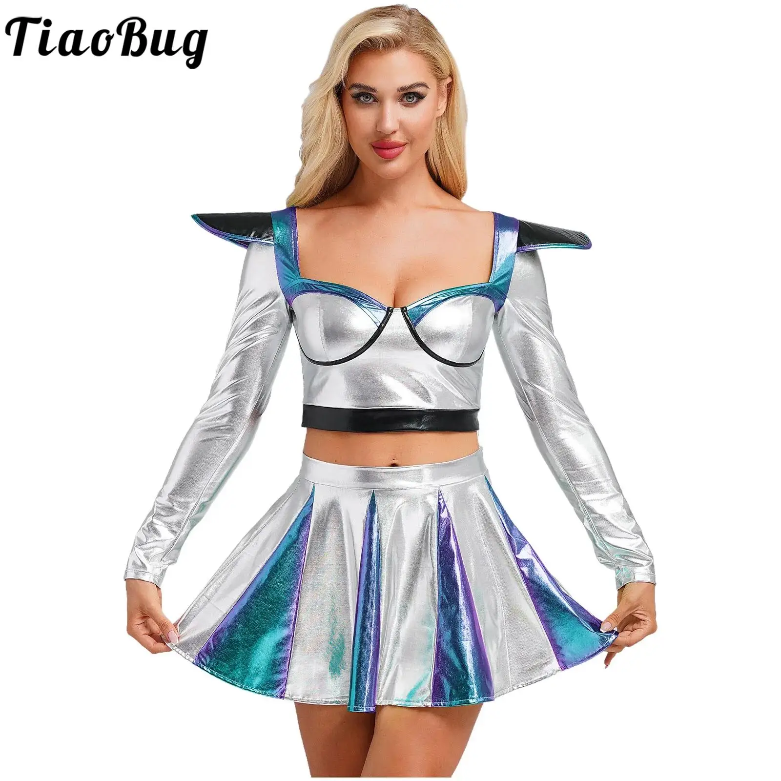 Holographic Long Sleeve Top with Mini Skirts Set Women Sweetheart Robot Alien Astronaut Role Play Costume for Theme Party Raves