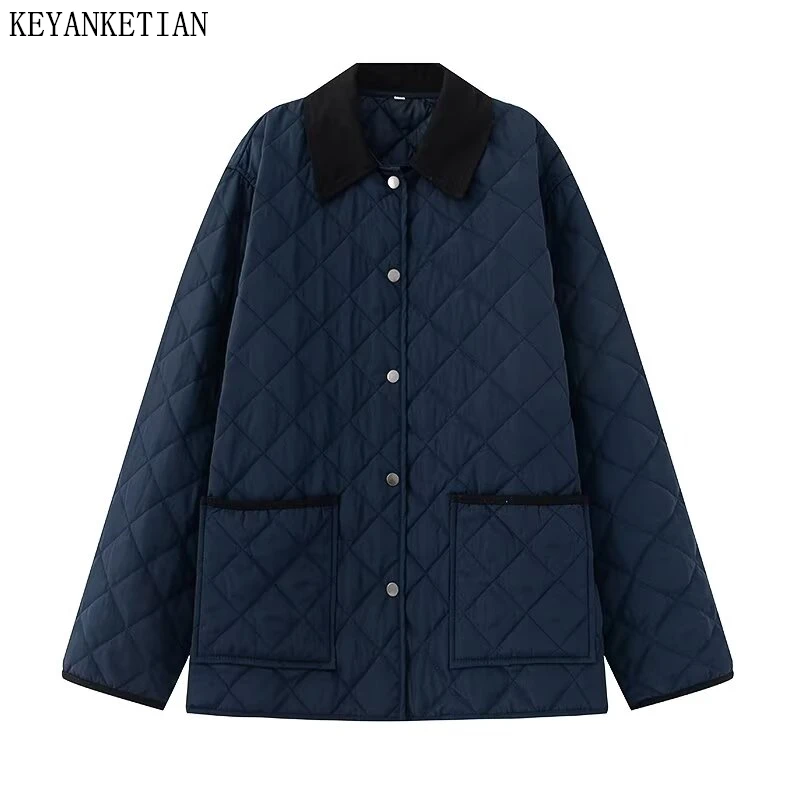 

KEYANKETIAN Winter New Women's Collar Contrasting Color Splicing Single Row Metal Buckle Grid Quilted Cotton Jacket Women Coat