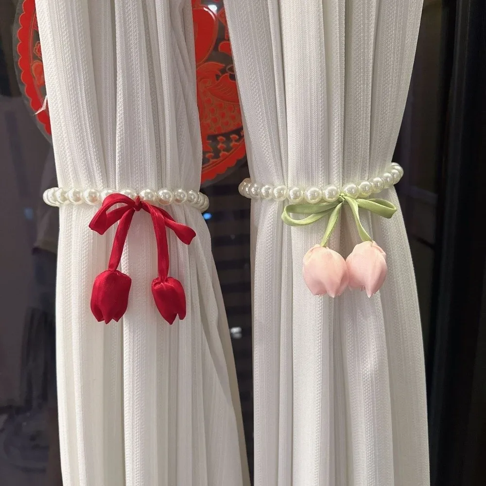 Creative Magnetic Curtain Tiebacks Tulip-Shaped Pearl Chain Curtain Buckle Pearls Beads 3D Flowers Drapery Holders Wedding Room