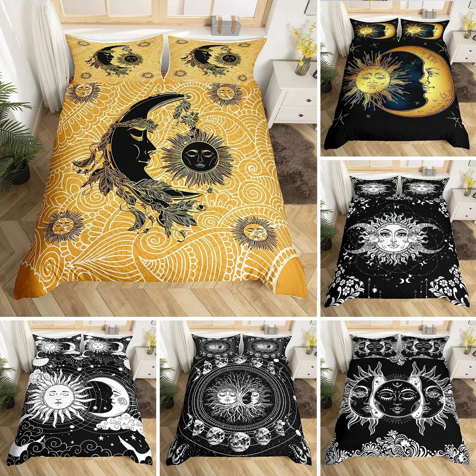 

Mandala Duvet Cover Set Sun and Moon Comforter Cover Ties Exotic Style Black and White Botanical Floral Polyester Bedding Set