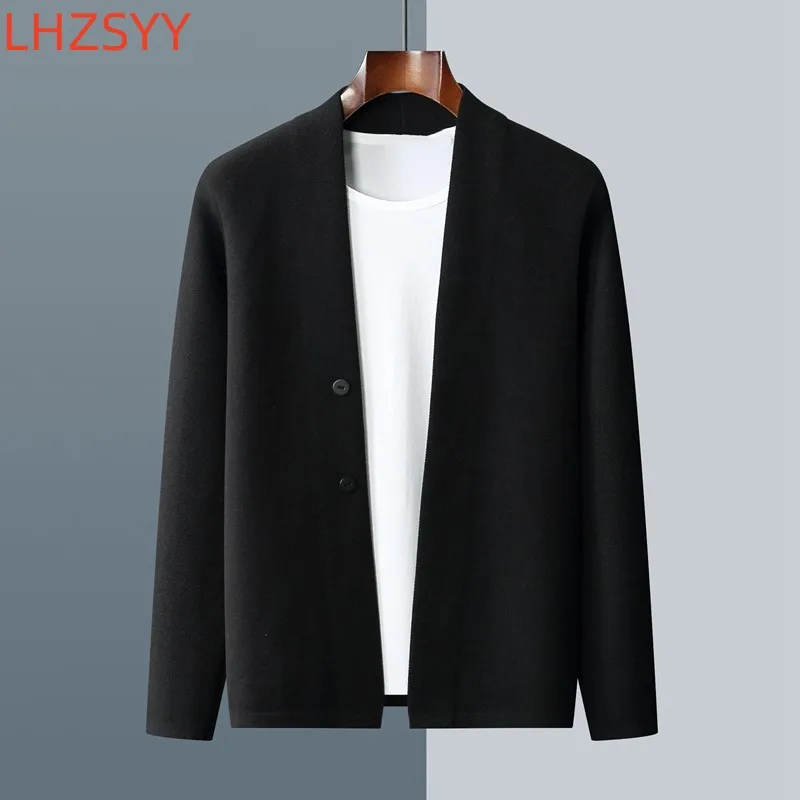 LHZSYY New 100% Pure Wool Cardigan Men\'s Business Casual Jacket Tops Autumn/Winter Youth Versatile Sweater Loose Cashmere Coat