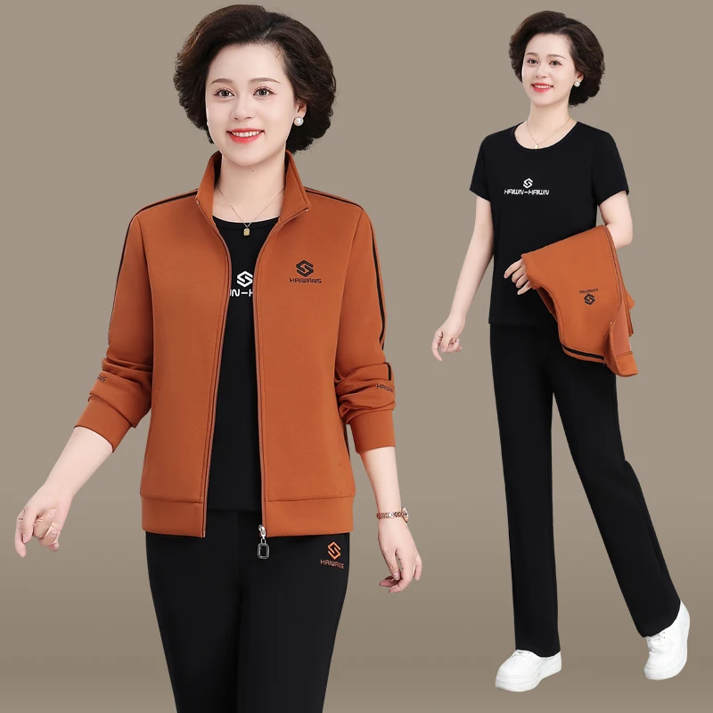 

Весенне-осенний женский спортивный костюм: повседневный комплект из двух предметов для бега, корректирующий фигуру, антивозрастной, для женщин среднего возраста, модный