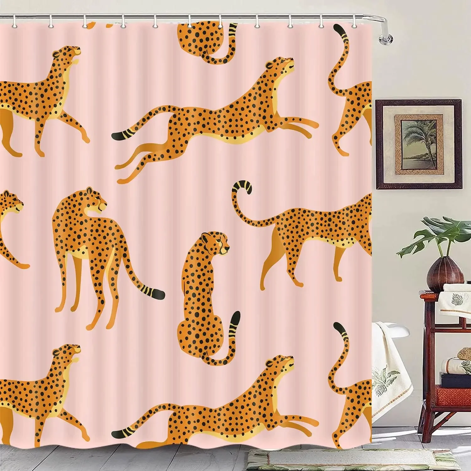 leopard fabric shower curtain, tropical animal cheetah shower curtain for bathroom, pink with hook 180X180CM